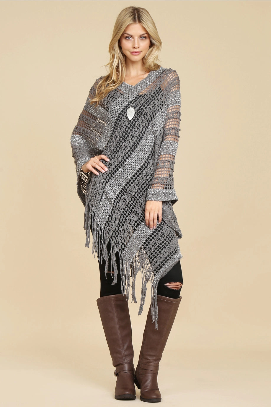 Open Knit Sequin Fringe Poncho
