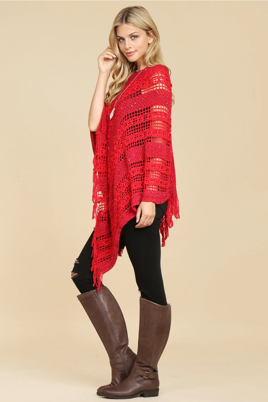 Open Knit Sequin Fringe Poncho