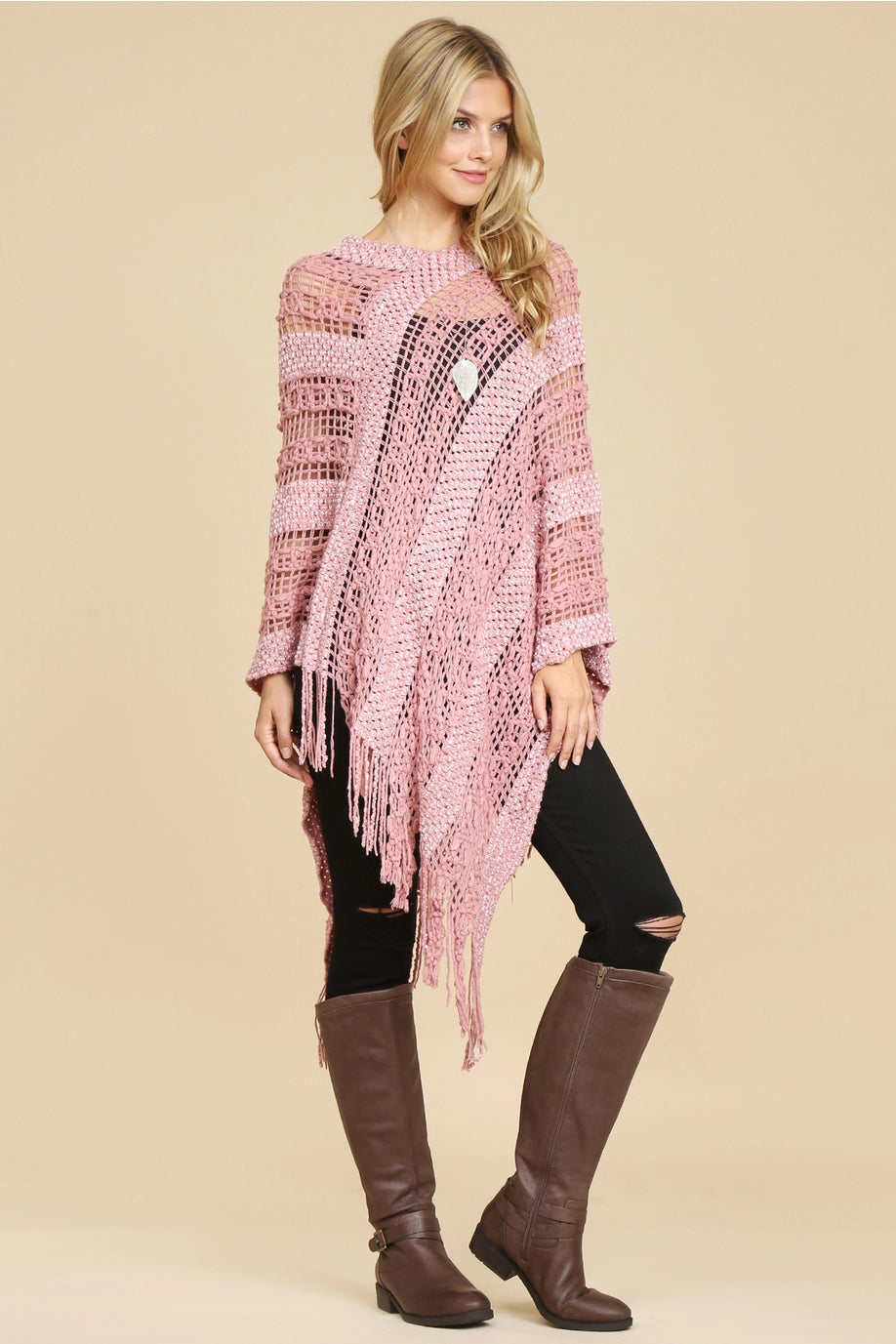 Open Knit Sequin Fringe Poncho
