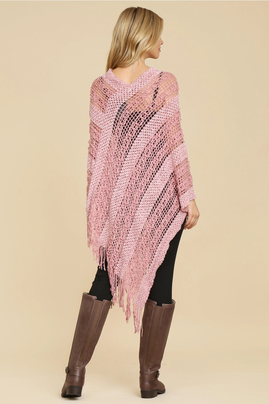 Open Knit Sequin Fringe Poncho