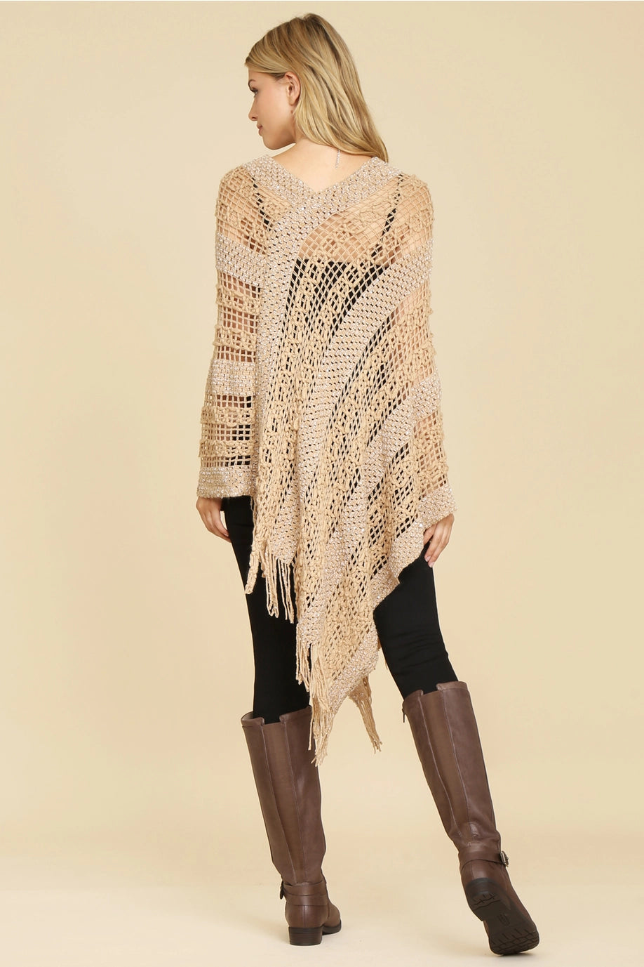 Open Knit Sequin Fringe Poncho