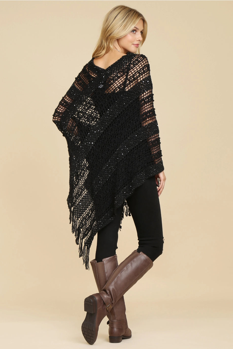 Open Knit Sequin Fringe Poncho