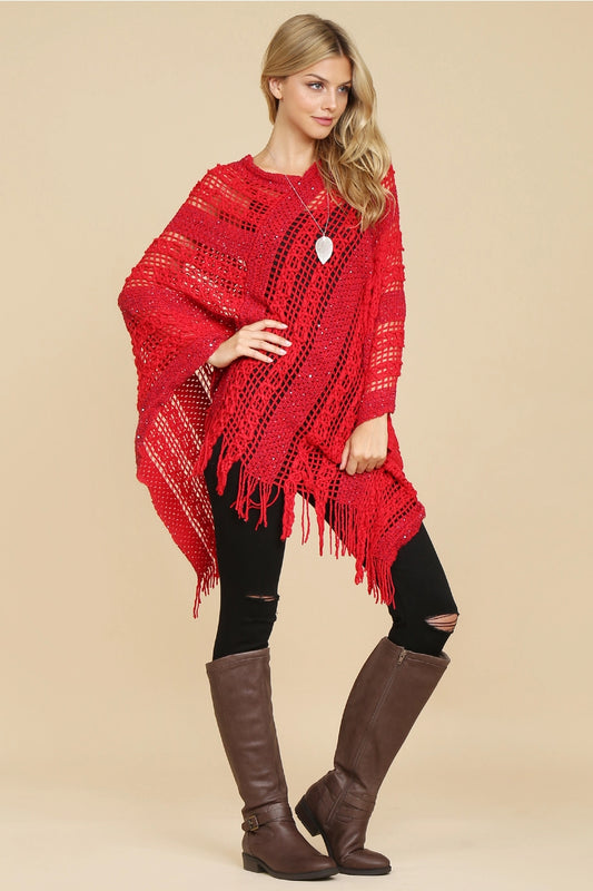 Open Knit Sequin Fringe Poncho