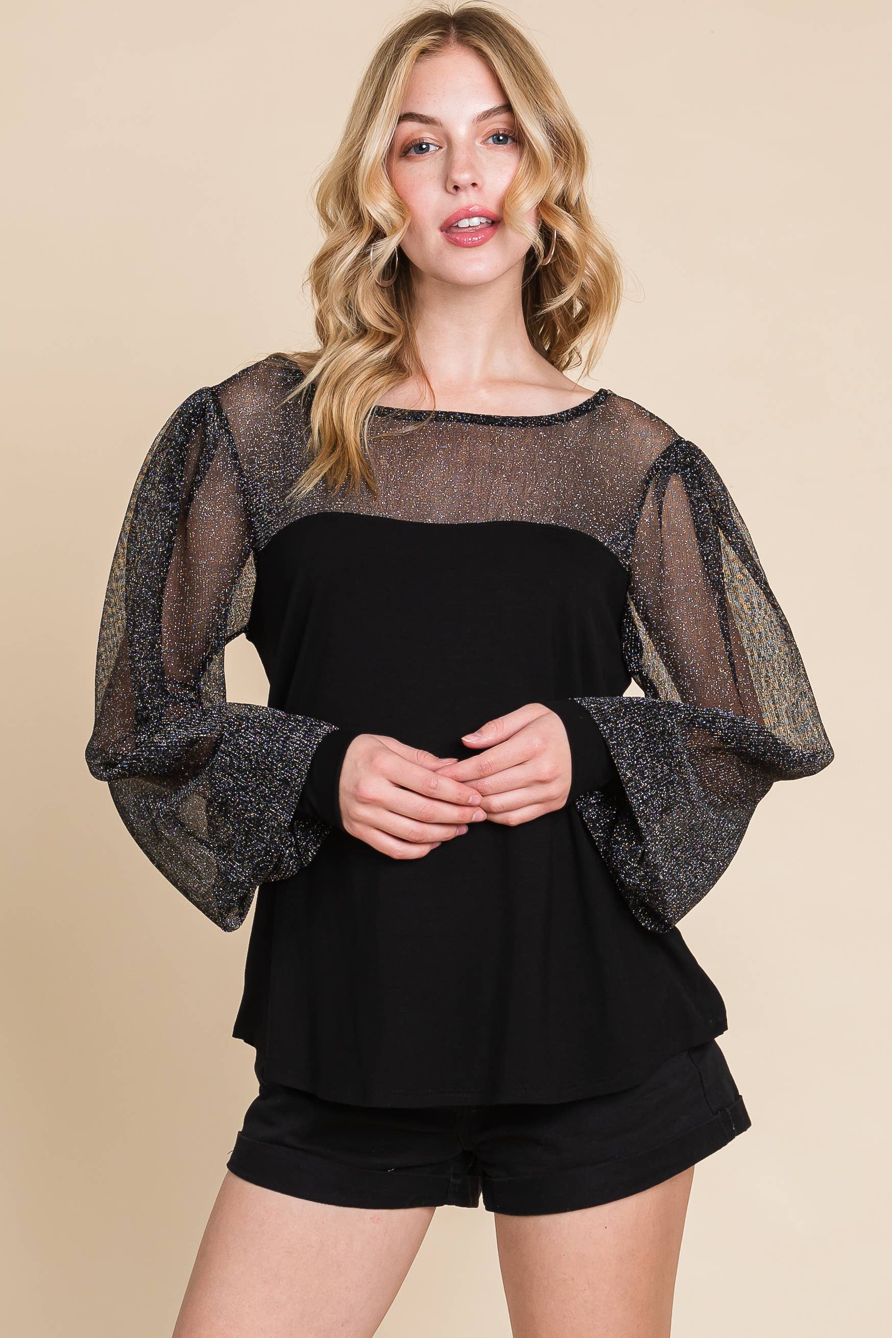 Solid Knit Top with Metallic Sleeves